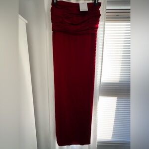 Strapless Red Evening Dress with Side Slit and Back Zipper